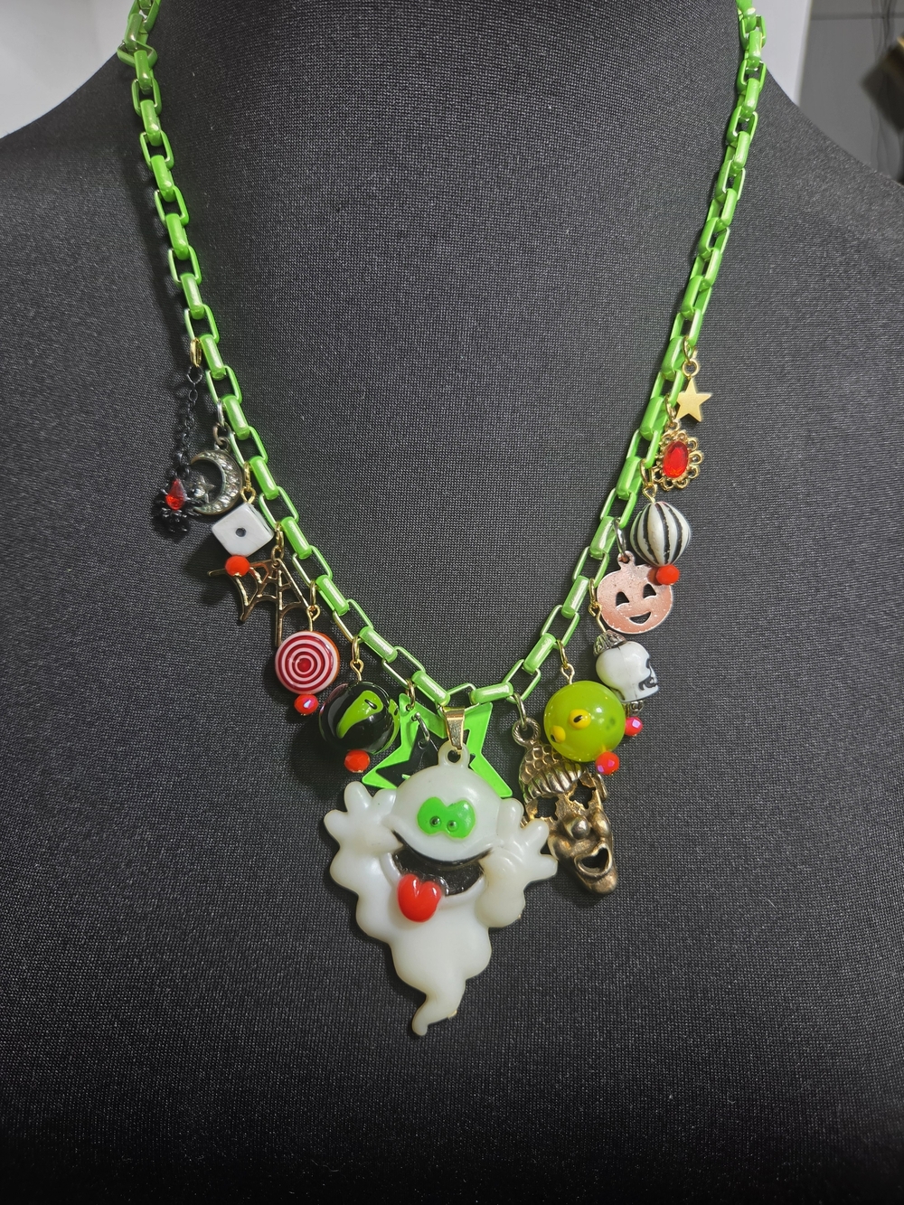 OOAK Kitsch Halloween Charm Necklace Neon Green 20" Chain Ghost Pumpkin Skull